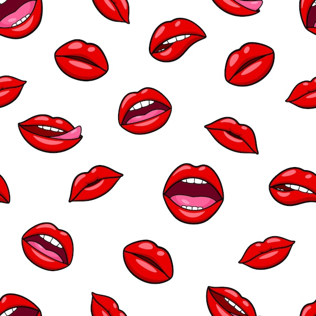 Lips pattern Glam lip patch red mouth pop style wallpaper Female kiss fashion print sweet romance elements Makeup garish vector seamless texture