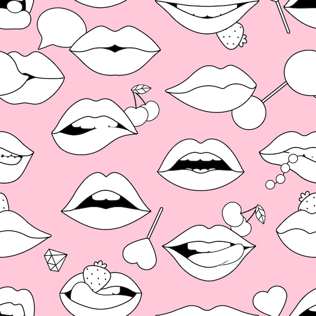 Lips seamless pattern Sexy lip with lollipops diamond cherry and strawberry Coloring template or girly fabric print Outline mouths vector pop art background