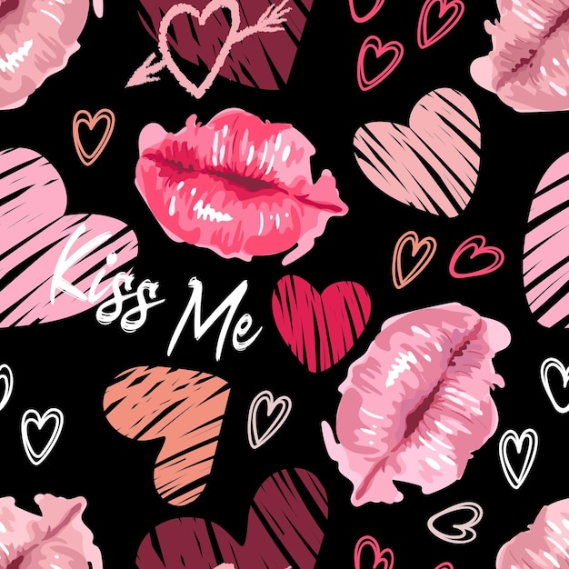 Lips in a watercolor style hearts lettering kiss me Daring bright youthful pattern graffiti On a black background For wallpaper printing on fabric wrapping background