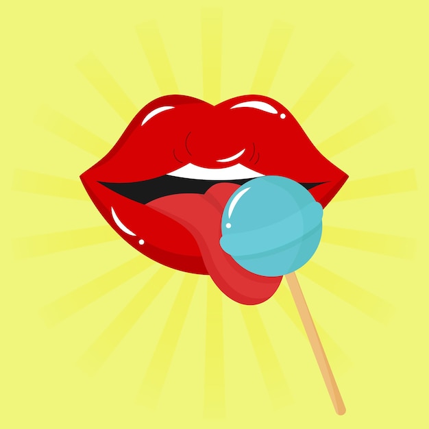 Lips with tongue licking lollipop chupachups Comic pop art style