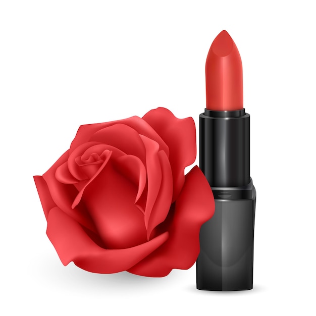 Lipstick in bright Red color in the realistic style against a background of red rose, vector eps 10 illustration