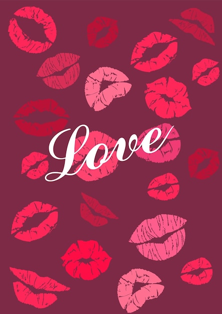 Vector lipstick kiss red and pink woman lips love text valentine day card or modern poster social media post or stories fashion pattern abstract romantic background vector vertical banner