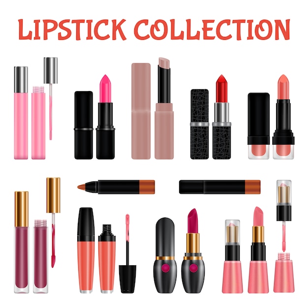 Lipstick mockup set. Realistic illustration of 11 lipstick mockups for web