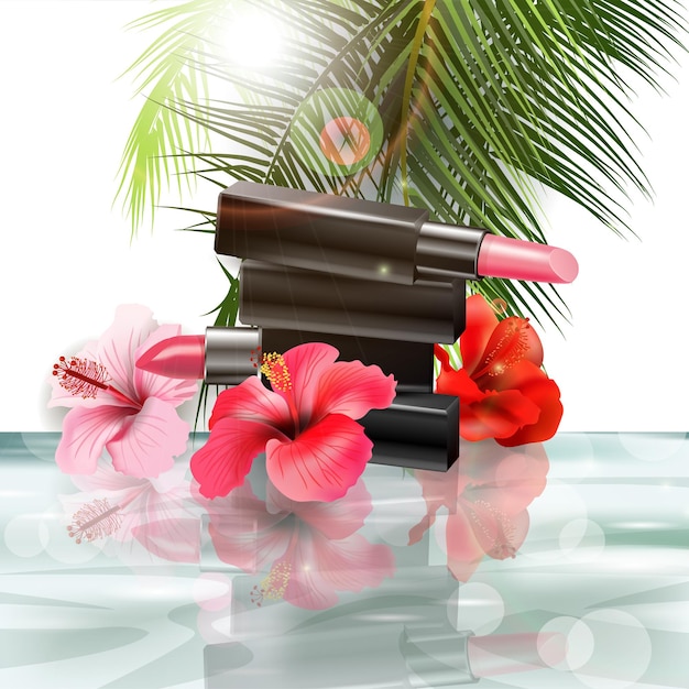 Lipstick with tropical flowers on the background of water and palm leaves The concept of makeup