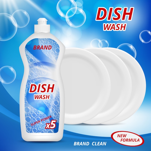 Liquid detergent for washing dishes. Advertizing poster with illustrations  various dishware