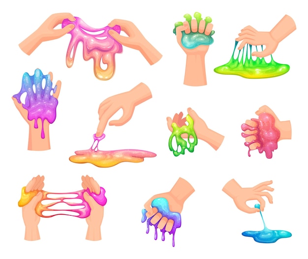 Liquid slime Handy glue games squeeze colored toys in hands exact vector slimes illustrations