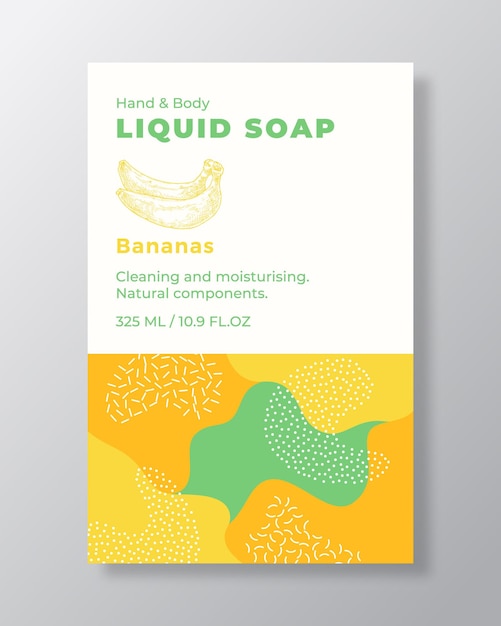 Liquid Soap Package Label Template Abstract Shapes Camo Background Vector Cover Cosmetics Packaging Design Modern Typography and Hand Drawn Bananas Sketch