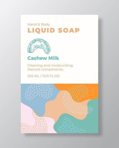 Liquid Soap Package Label Template Abstract Shapes Camo Background Vector Cover Cosmetics Packaging Design Modern Typography and Hand Drawn Cashew Nut Sketch