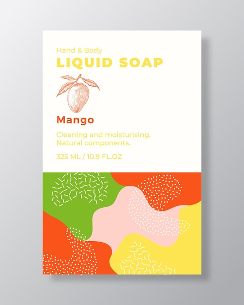 Liquid Soap Package Label Template Abstract Shapes Camo Background Vector Cover Cosmetics Packaging Design Modern Typography and Hand Drawn Mango Fruit Sketch