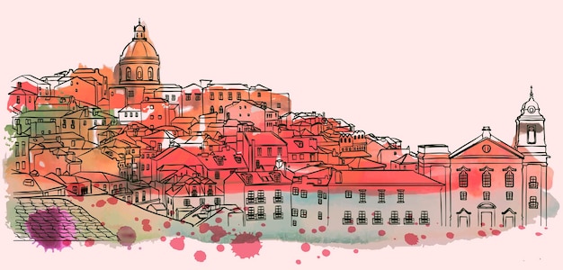 Lisbon cityscape skyline Watercolor vector