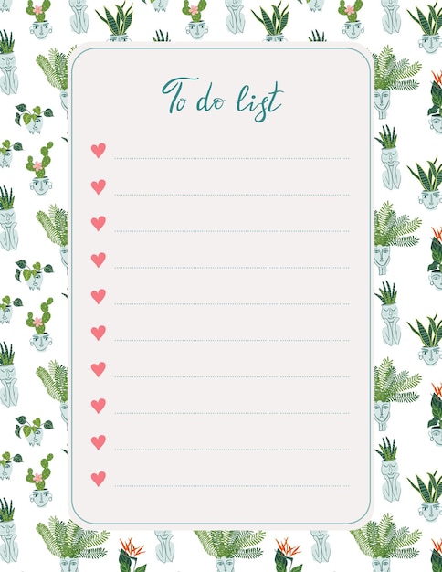 To do list decorated with green houseplants Scheduler and organizer for plant lover