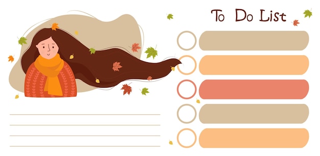 To do list Fall affairs planner girl with flowing hair and autumn leaves with list of notes