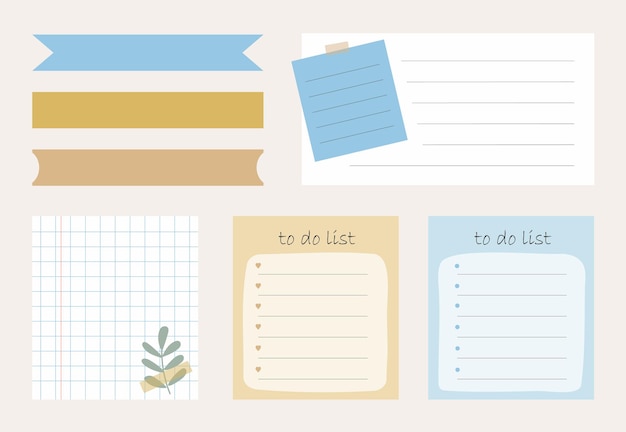 To do list, planner, schedule. Cute memo template. Blank notebooks, and torn notes used.