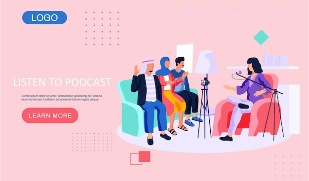 Listen to podcast landing page template with people in the studio participate in the telecast