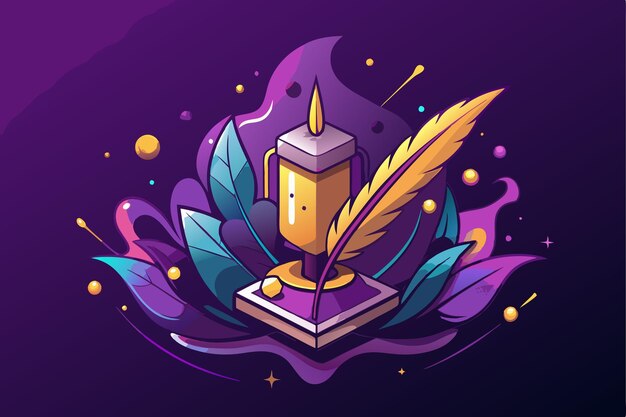 Vector a lit candle and a quill pen on a book