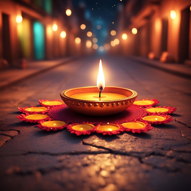 a lit candle on a street with the lights on the right