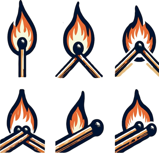 Lite wooden match stick burning vector icon set vector illustration