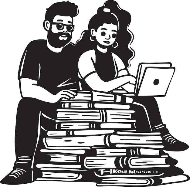 Literary Lovebirds Couple with Laptop on Stack of Books Fostering Unity with Vector Black Logo Digi