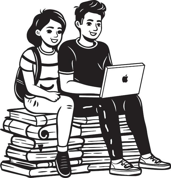 Literary Lovebirds Couple Working Side by Side on Laptop and Books Vector Black Logo Tech and Tende