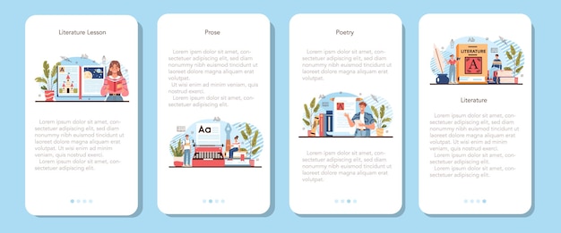 Literature school subject mobile application banner set. Vector illustration