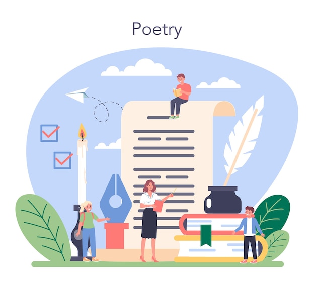 Literature school subject. Study ancient writer and modern novel. Literary and poetry work. Idea of education and knowledge. Vector illustration