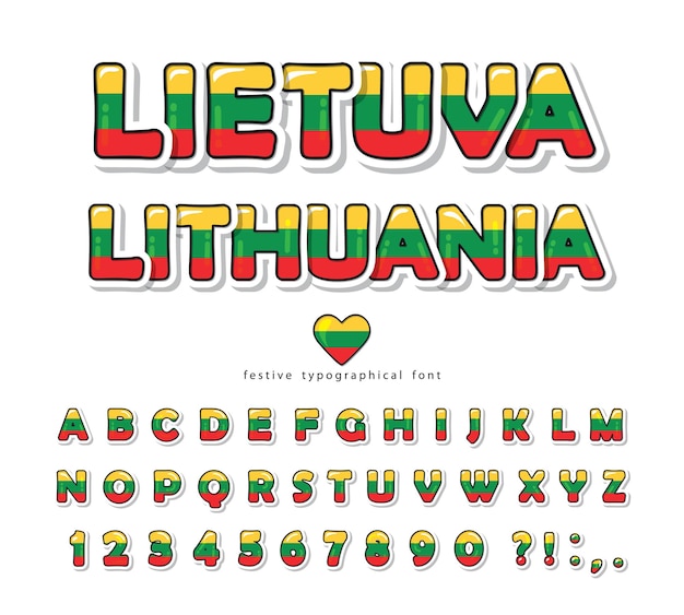 Lithuania cartoon font. Lithuanian national flag colors.