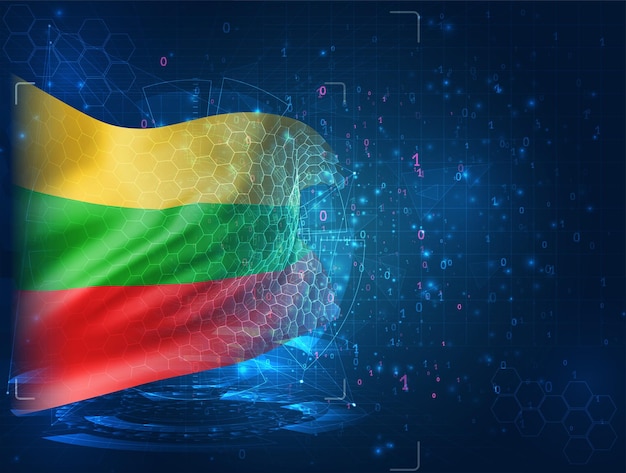 Lithuania, vector 3d flag on blue background with hud interfaces