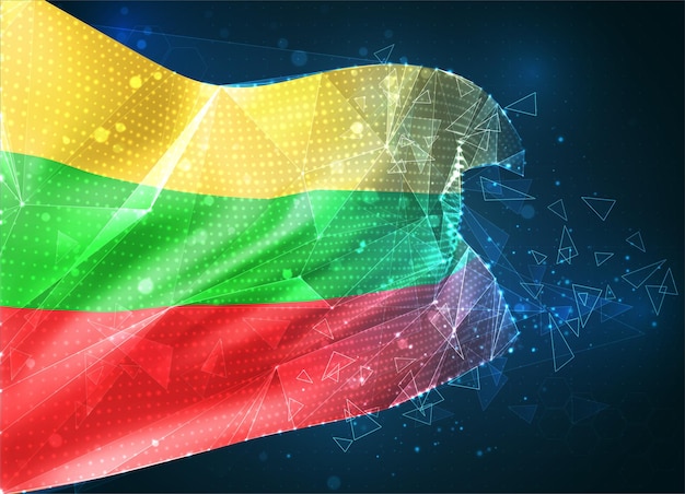 Lithuania,  vector flag, virtual abstract 3D object from triangular polygons on a blue background