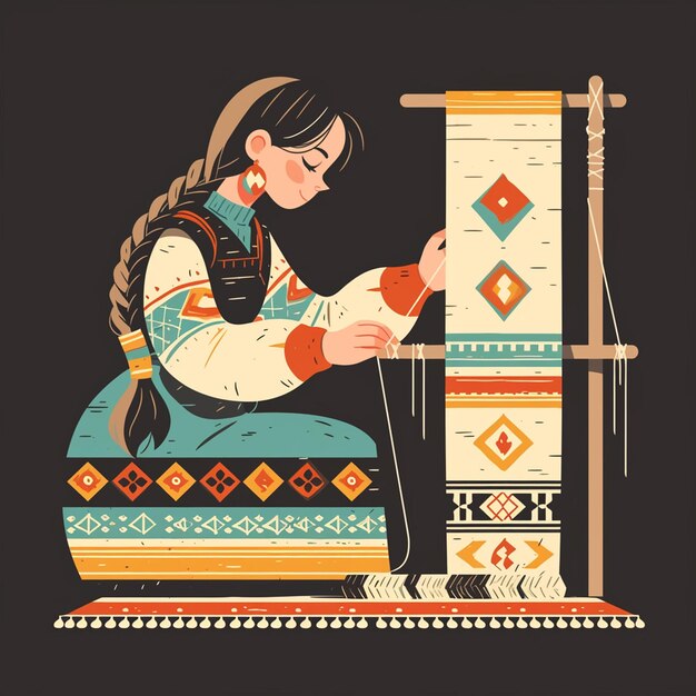 Vector lithuanian woman in traditional weaving attire at loom