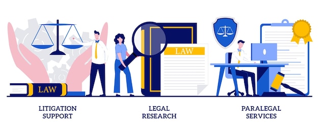 Vector litigation support, legal research, paralegal services concept with tiny people. law firm vector illustration set. forensic accounting, consulting, data collection, attorney legal work metaphor.