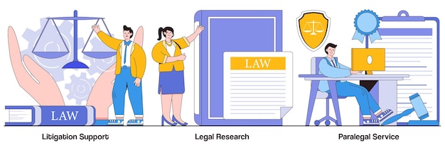 Litigation support legal research paralegal services concepts with people characters Law firm illustration pack Forensic accounting consulting data collection attorney legal work metaphor