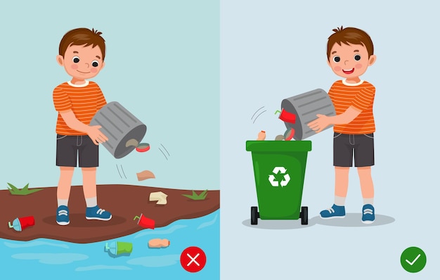 do not littering illustration boy right and wrong behavior throwing trash in rubbish bin and river