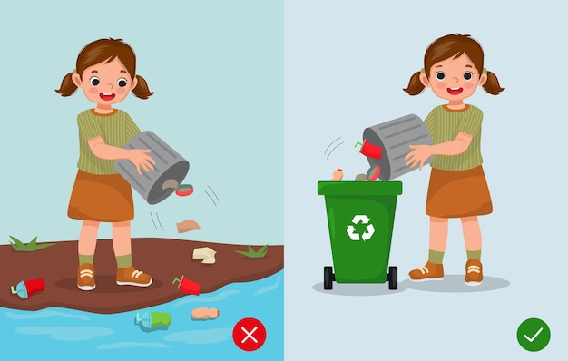 do not littering with girl right and wrong behavior throwing trash in rubbish bin and on the river