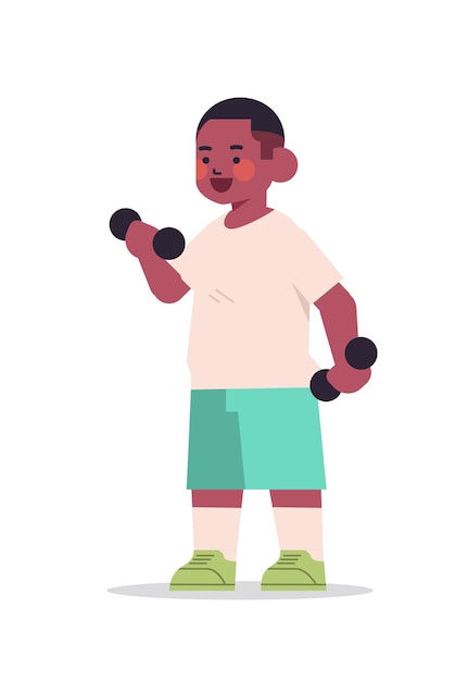 little african american boy doing physical exercises with dumbbells healthy lifestyle childhood concept full length isolated vertical vector illustration