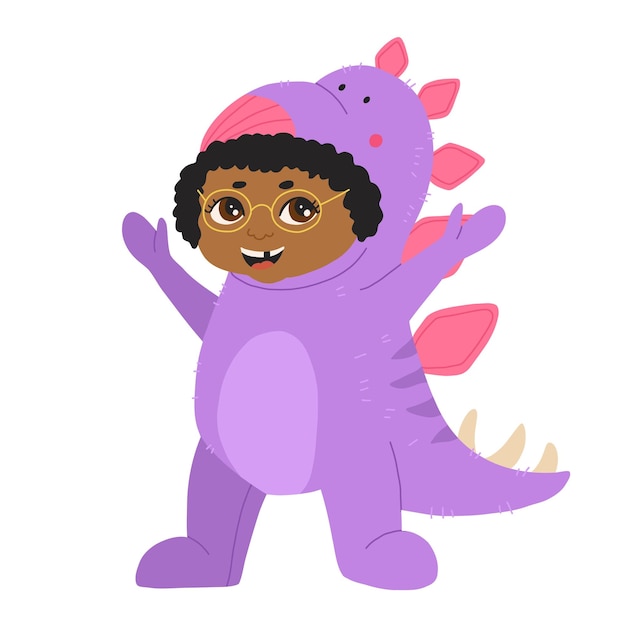 Little african american boy dressed in jumpsuit kigurumi in form of stegosaurus Boy in dinosaur or dragon costume with hood and tail Cozy dino pajamas Cartoon flat vector illustration doodle style