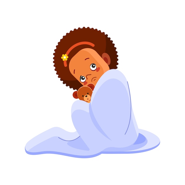 A little african american girl has flu. Sick child girl sitting in bed with toy bear and blowing her nose, feel so bad with fever. Cartoon illustration