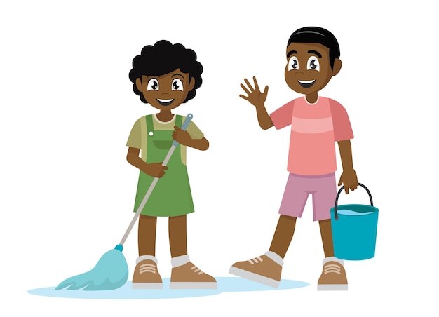 Little african kid boy and girl do chores cleaning floor