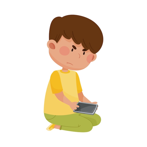 Little Angry Boy Sitting and Holding Smartphone Vector Illustration