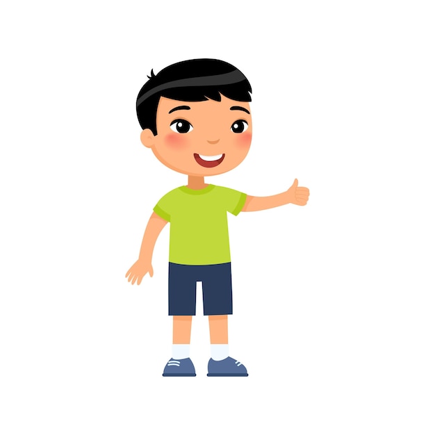 Little Asian boy showing thumbs up gesture. Happy cute kid. Smiling toddler, preteen child cartoon character