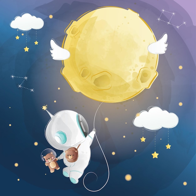 Little Astronaut Boy Flying with Moon Baloon