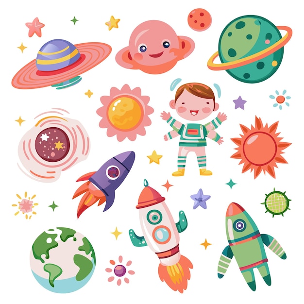 Little Astronaut Explores Space with Rockets Planets and Stars