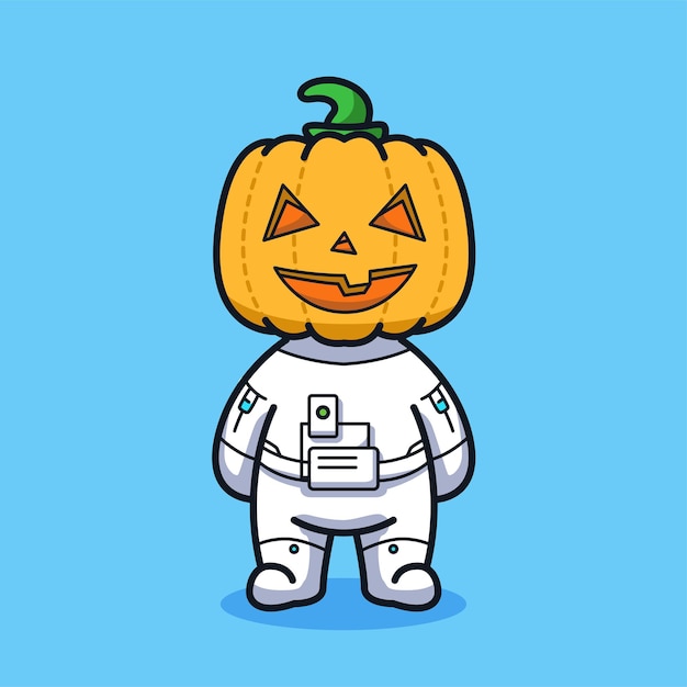 Little Astronaut with pumpkin head for halloween in cute line art illustration style