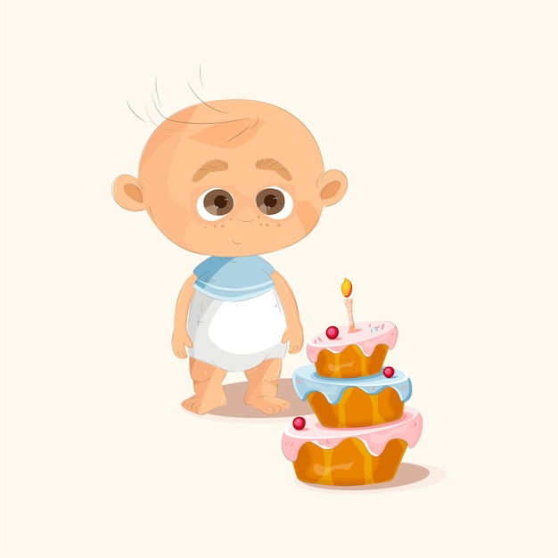 Little baby boy with this first birthday cake with one candle