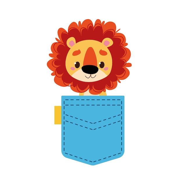 A little baby lion looks out of a blue pocket Vector illustration in cartoon style for children