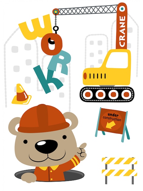 Little bear cartoon with construction vehicle