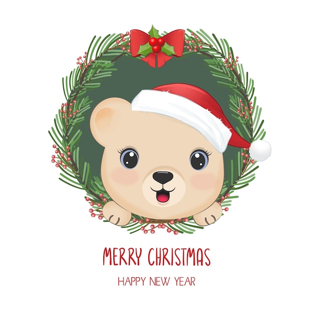 Little Bear and Christmas wreath Christmas and New Year illustration