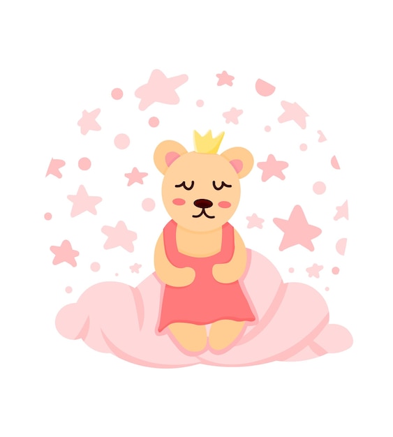 Little bear princess character sitting on the pink cloud baby room wall decor poster concept girl child