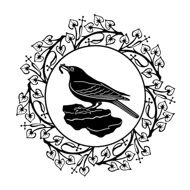 Little bird and worm logo handmade silhouette