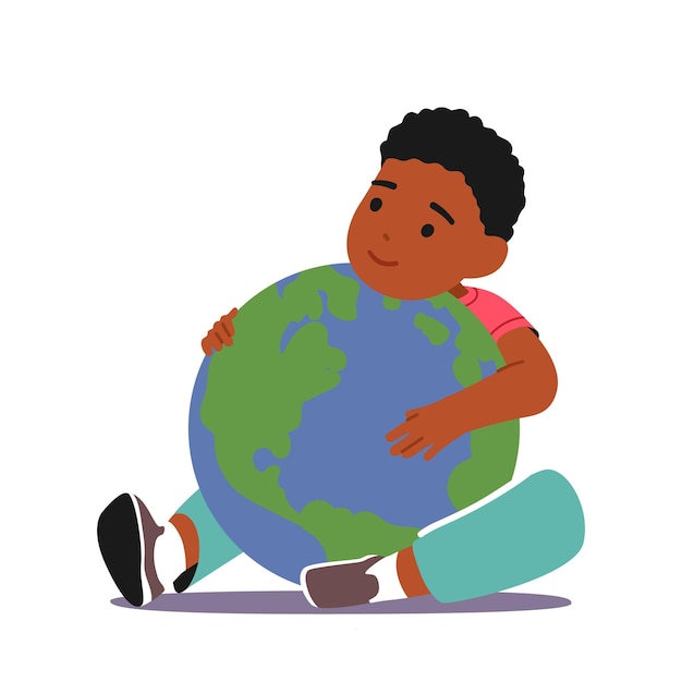 Little Black Baby Hugging Earth Planet Kid Boy Character Embrace Sphere with Continents and Oceans Save Nature Ecology