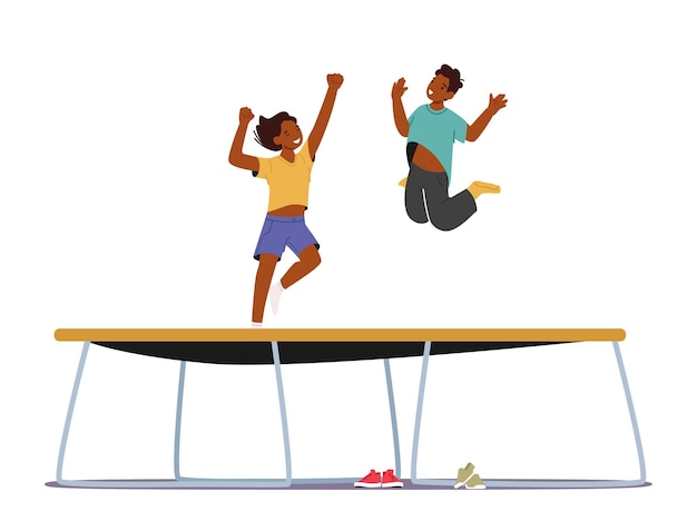 Little Black Boy And Girl Having Fun Jumping On Trampoline at Summer Vacation or Weekend Kids Joy Childhood Activity